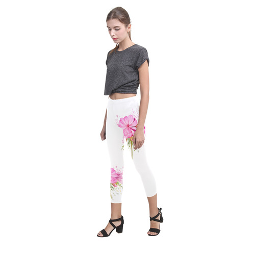 Pink flower color splash, watercolor Capri Legging (Model L02)