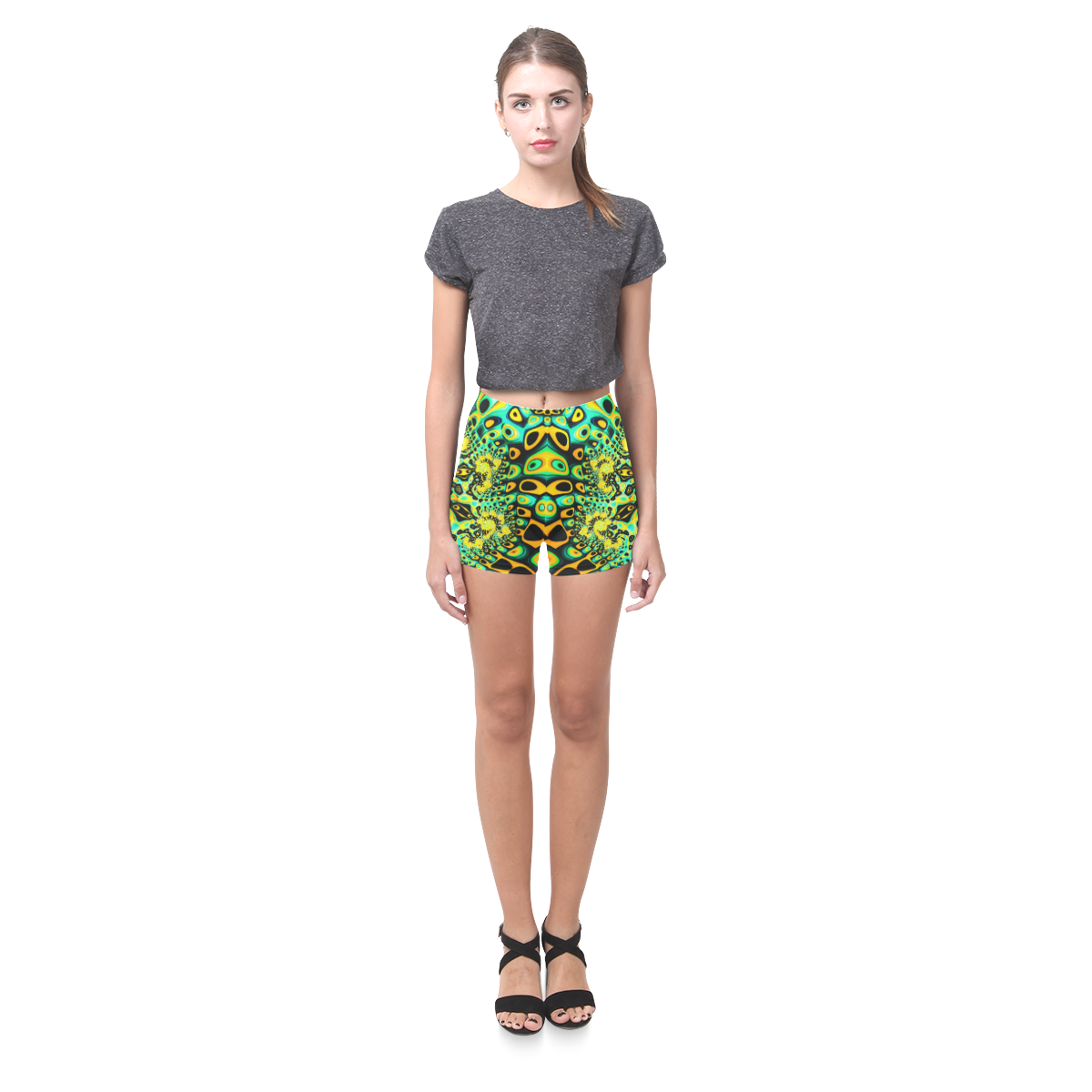 Gold Peacock Psychedelic Fractal Art Briseis Skinny Shorts (Model L04)