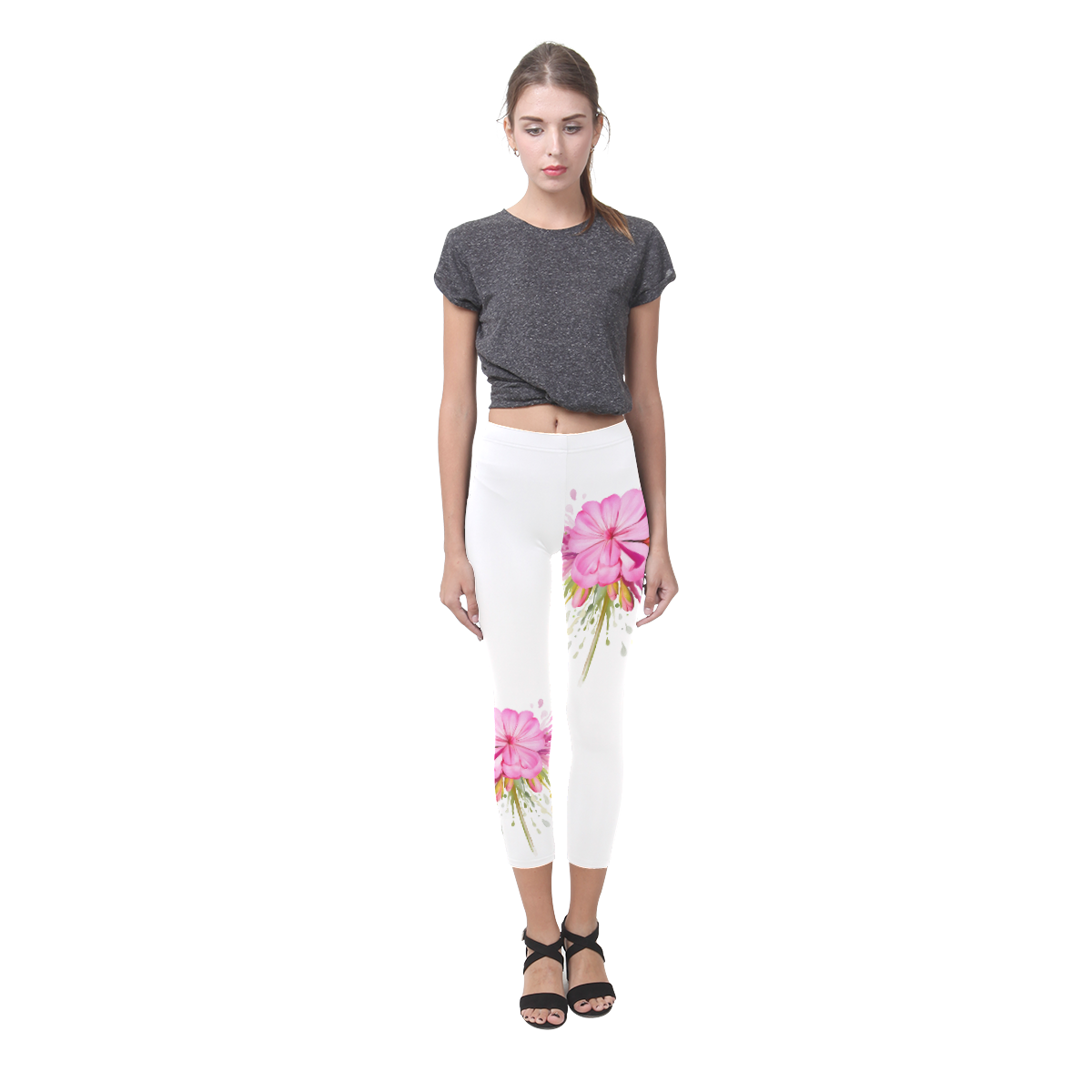 Pink flower color splash, watercolor Capri Legging (Model L02)