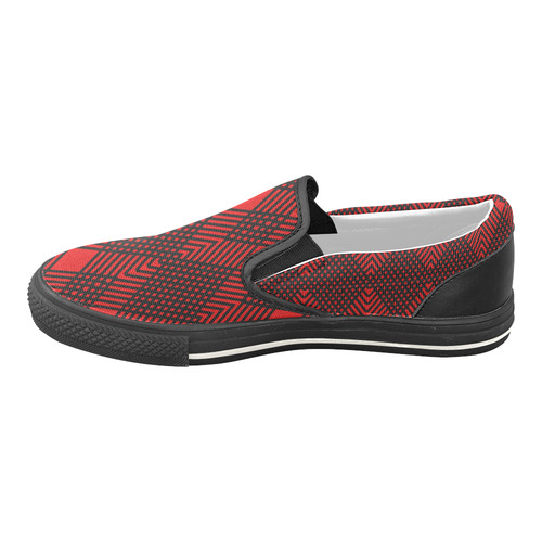 Red and black geometric  pattern,  with rombs. Men's Unusual Slip-on Canvas Shoes (Model 019)