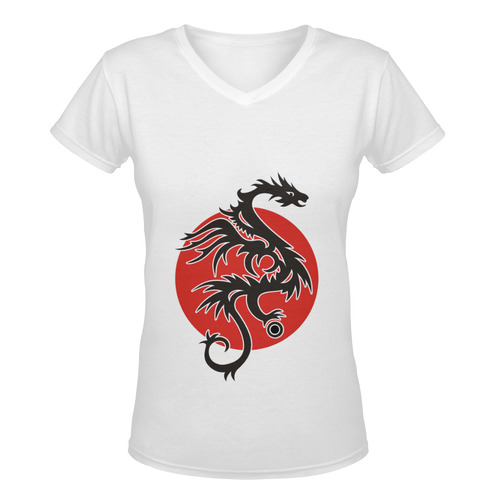 Sun Dragon with Pearl - black Red White Women's Deep V-neck T-shirt (Model T19)
