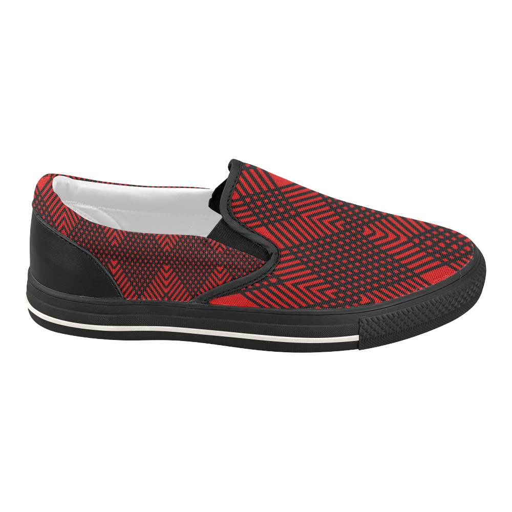 Red and black geometric  pattern,  with rombs. Women's Slip-on Canvas Shoes (Model 019)
