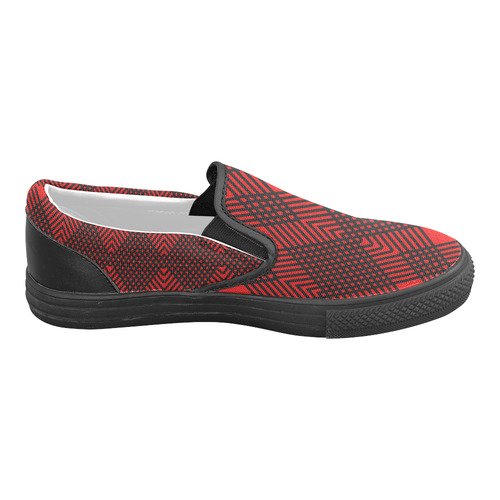 Red and black geometric  pattern,  with rombs. Men's Slip-on Canvas Shoes (Model 019)