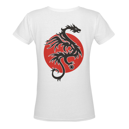 Sun Dragon with Pearl - black Red White Women's Deep V-neck T-shirt (Model T19)