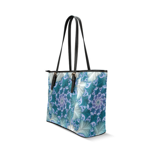 Floral spiral in soft blue on flowing fabric Leather Tote Bag/Large (Model 1640)