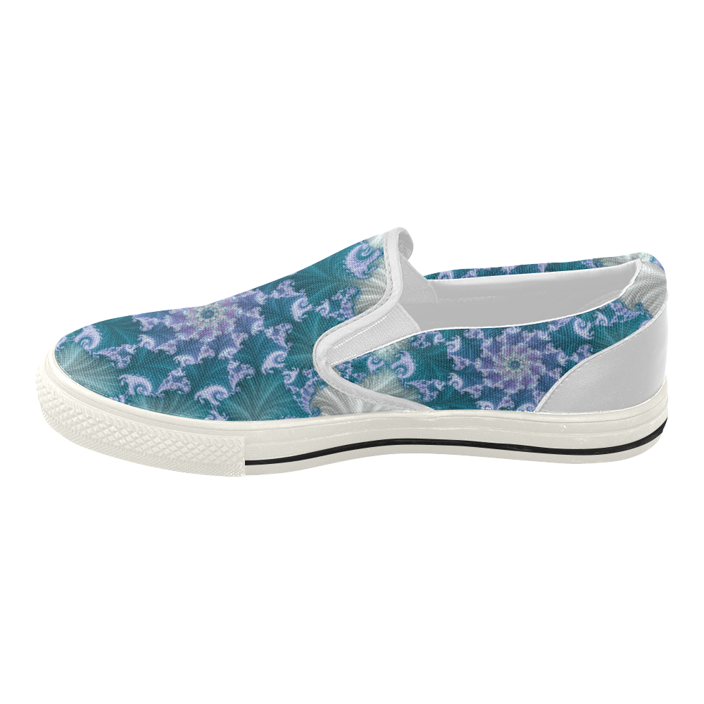 Floral spiral in soft blue on flowing fabric Women's Slip-on Canvas Shoes (Model 019)