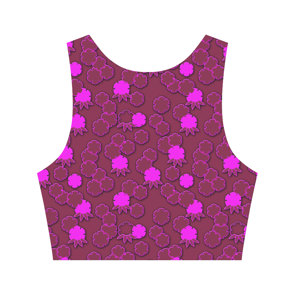 Psychedelic hot neon pink floral Japanese pattern Women's Crop Top (Model T42)
