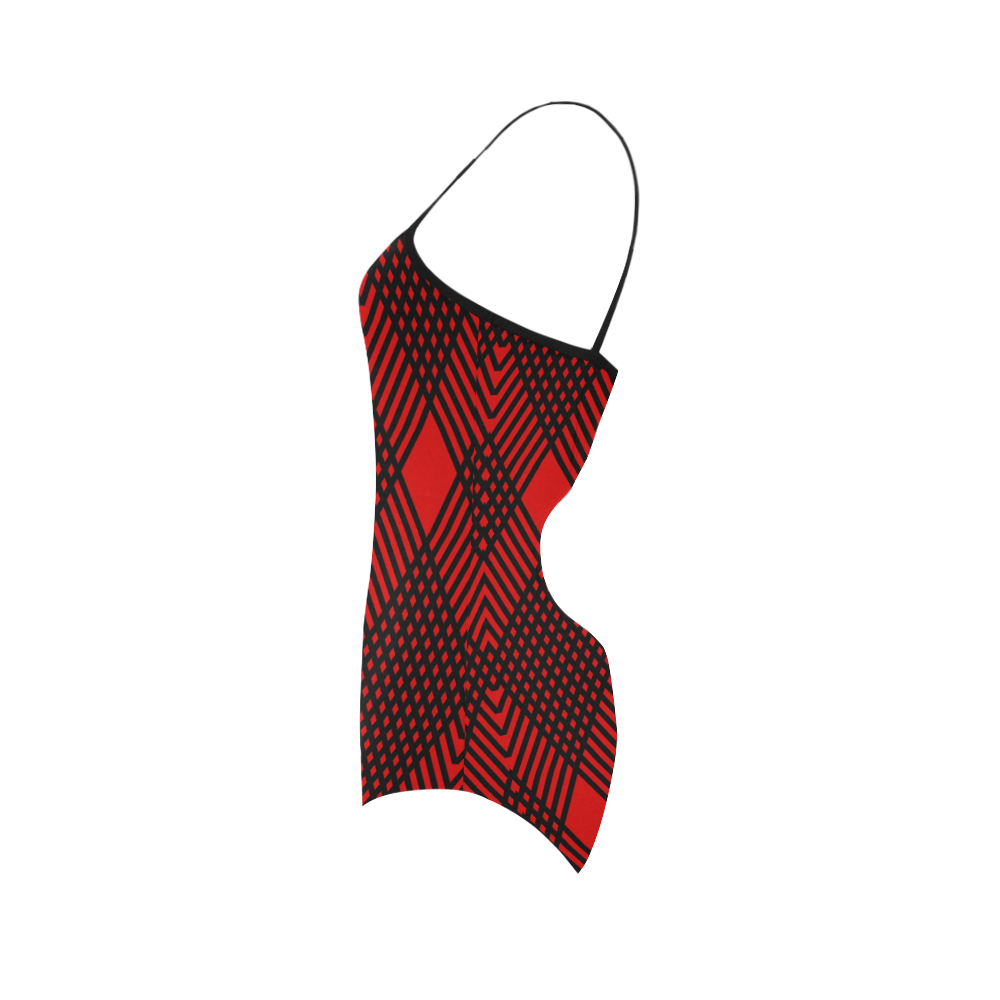 Red and black geometric  pattern,  with rombs. Strap Swimsuit ( Model S05)