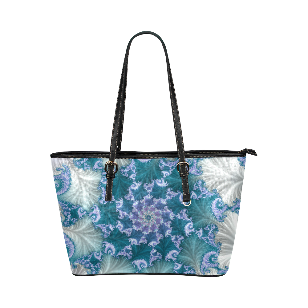 Floral spiral in soft blue on flowing fabric Leather Tote Bag/Small (Model 1651)