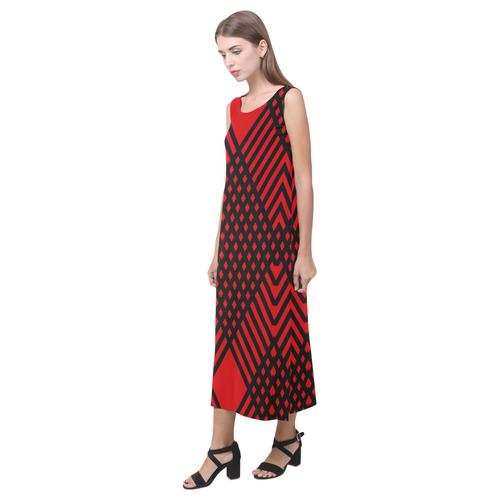 Red and black geometric  pattern,  with rombs. Phaedra Sleeveless Open Fork Long Dress (Model D08)
