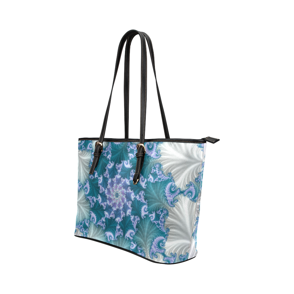 Floral spiral in soft blue on flowing fabric Leather Tote Bag/Small (Model 1651)