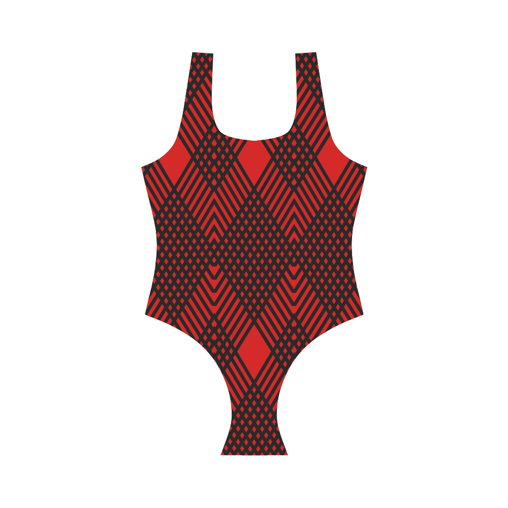Red and black geometric  pattern,  with rombs. Vest One Piece Swimsuit (Model S04)
