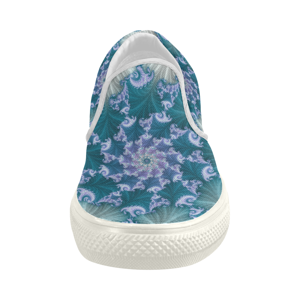Floral spiral in soft blue on flowing fabric Women's Slip-on Canvas Shoes (Model 019)