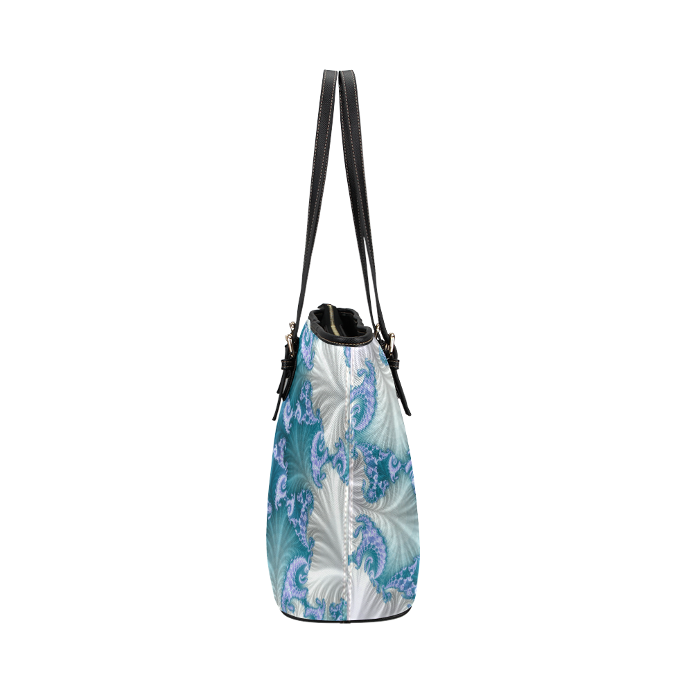 Floral spiral in soft blue on flowing fabric Leather Tote Bag/Small (Model 1651)