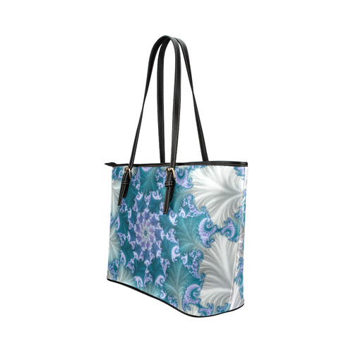 Floral spiral in soft blue on flowing fabric Leather Tote Bag/Large (Model 1651)