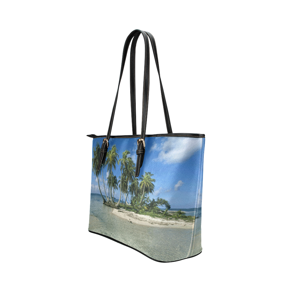 Palm Trees Tropical Nature Beach Leather Tote Bag/Large (Model 1651)