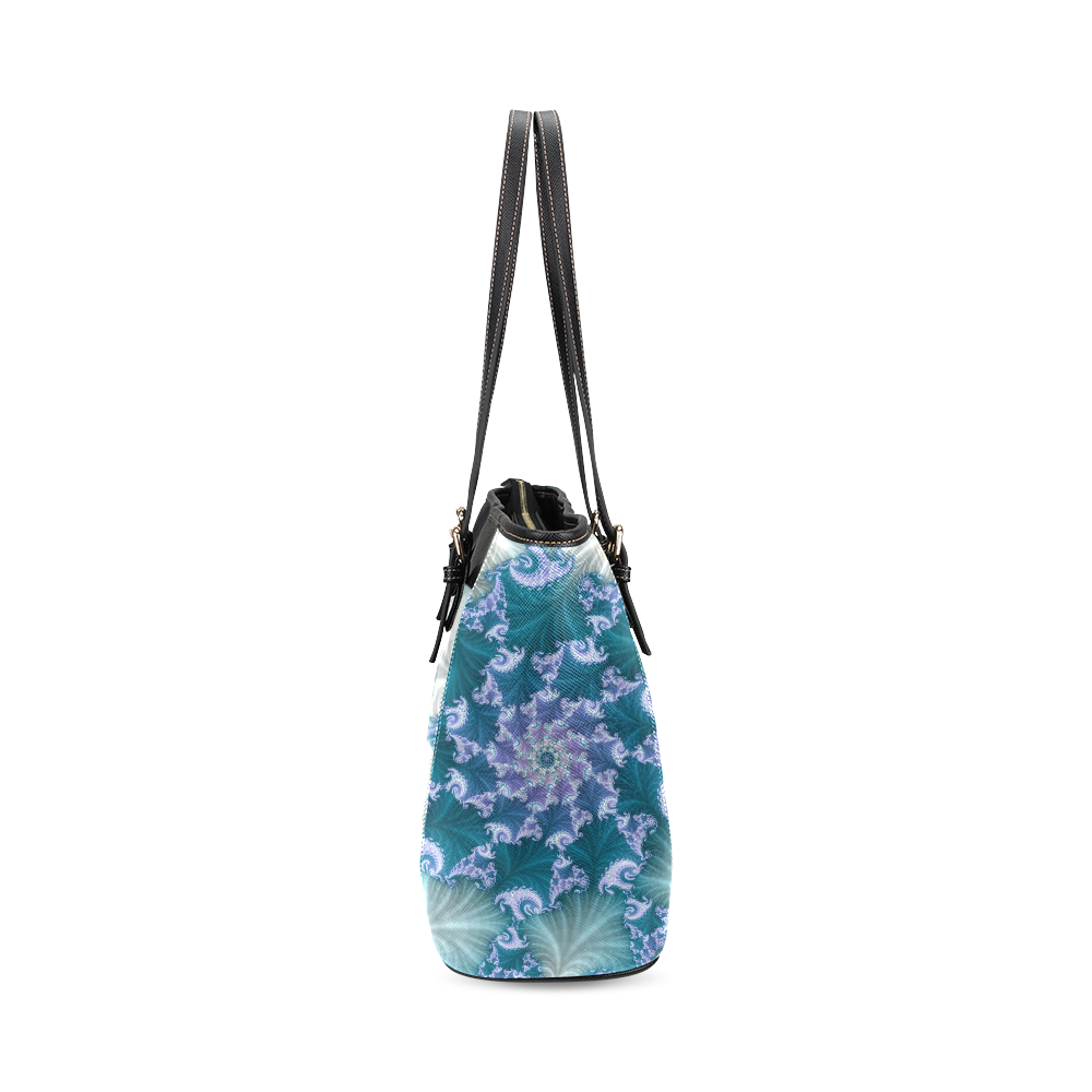 Floral spiral in soft blue on flowing fabric Leather Tote Bag/Small (Model 1640)