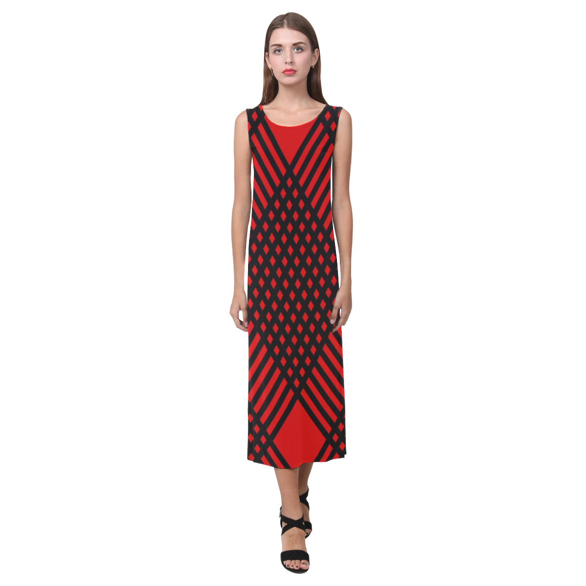 Red and black geometric  pattern,  with rombs. Phaedra Sleeveless Open Fork Long Dress (Model D08)