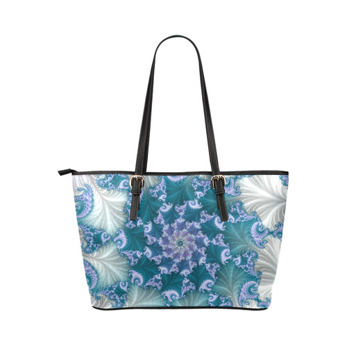 Floral spiral in soft blue on flowing fabric Leather Tote Bag/Small (Model 1651)