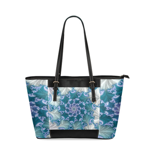 Floral spiral in soft blue on flowing fabric Leather Tote Bag/Small (Model 1640)