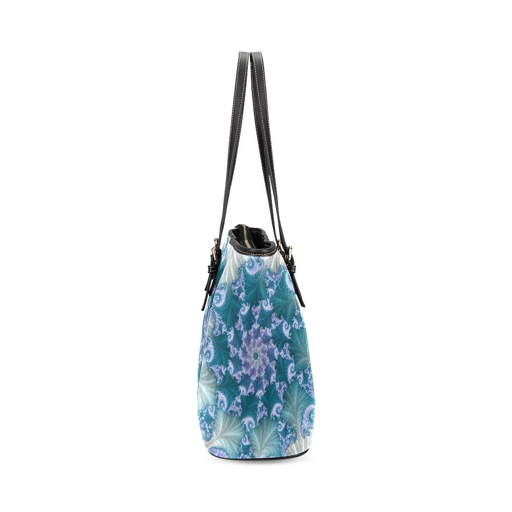 Floral spiral in soft blue on flowing fabric Leather Tote Bag/Large (Model 1640)