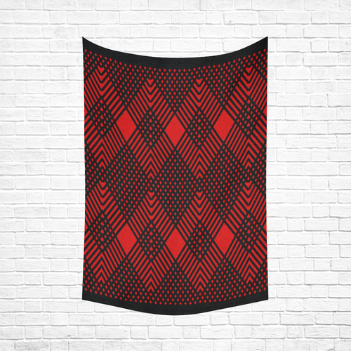 Red and black geometric  pattern,  with rombs. Cotton Linen Wall Tapestry 60"x 90"