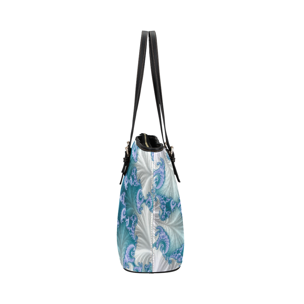Floral spiral in soft blue on flowing fabric Leather Tote Bag/Large (Model 1651)