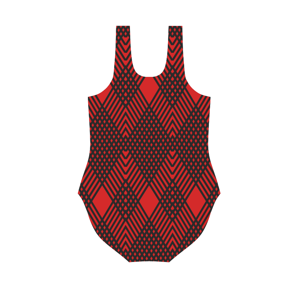 Red and black geometric  pattern,  with rombs. Vest One Piece Swimsuit (Model S04)