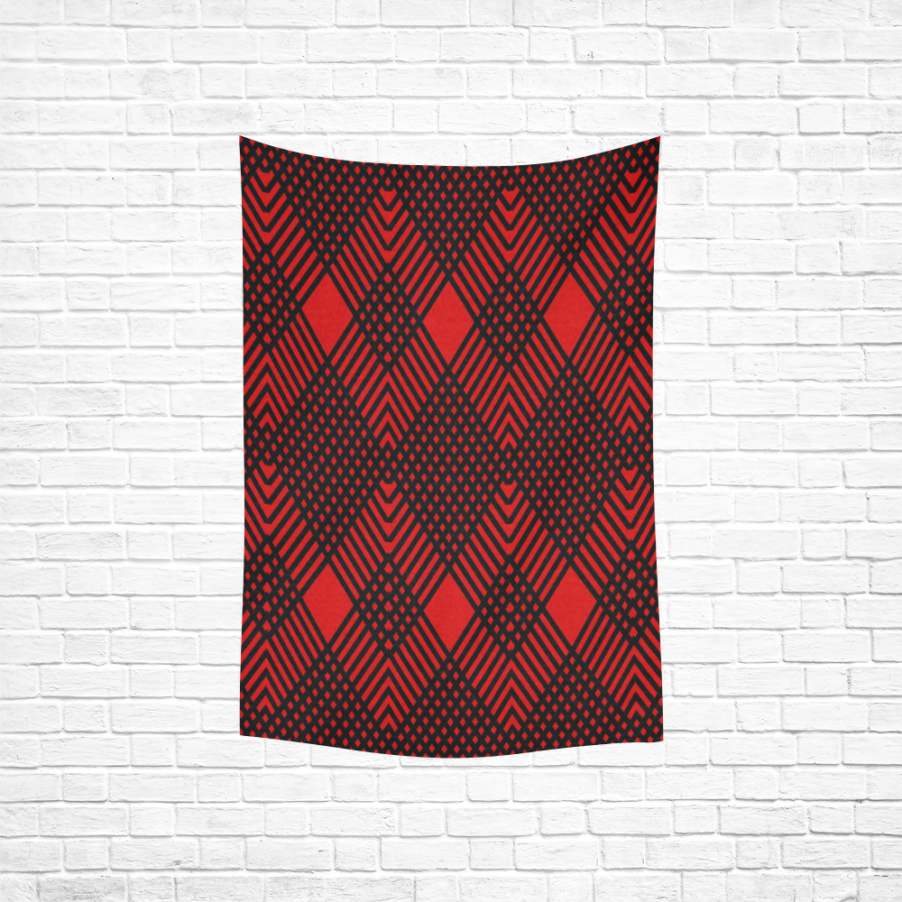 Red and black geometric  pattern,  with rombs. Cotton Linen Wall Tapestry 40"x 60"