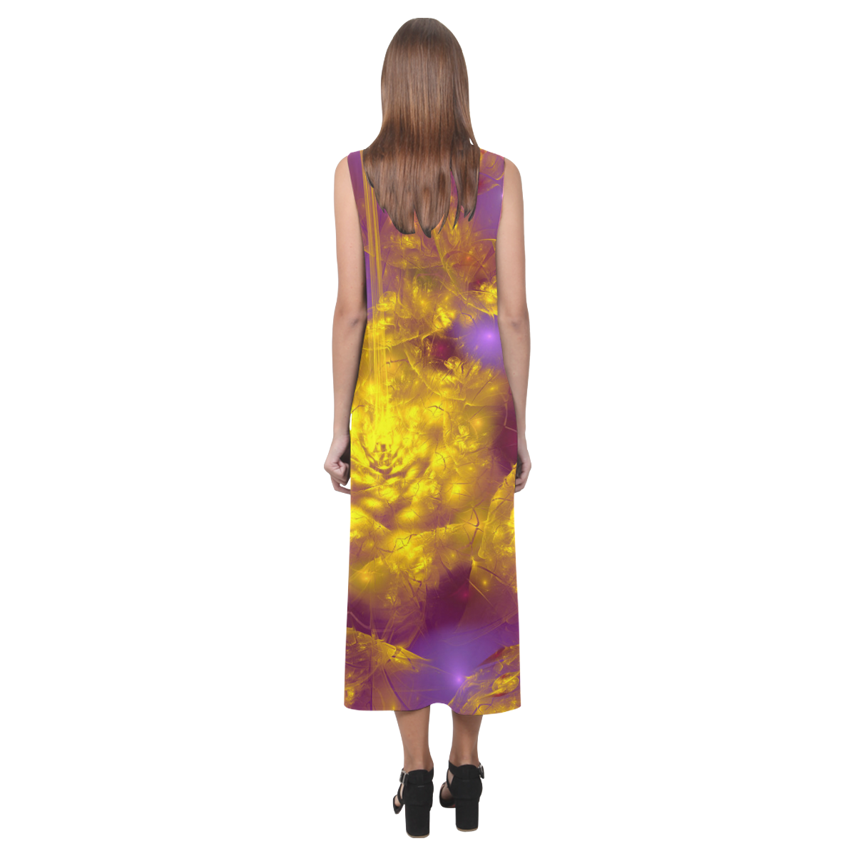 Bright purple and yellow Phaedra Sleeveless Open Fork Long Dress (Model D08)
