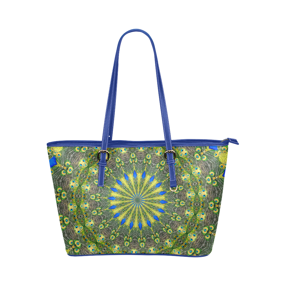 Peacock Feathers Mandala Abstract 1 Leather Tote Bag/Large (Model 1651)