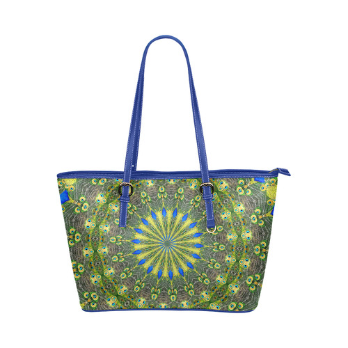 Peacock Feathers Mandala Abstract 1 Leather Tote Bag/Large (Model 1651)