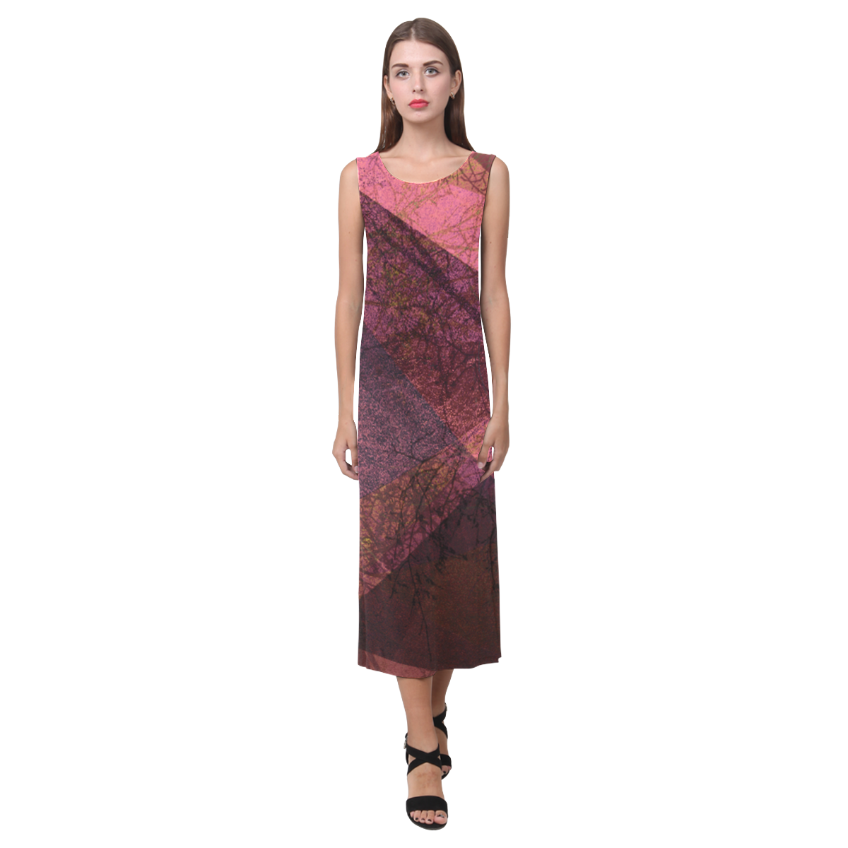 Maroon Pink PATTERN GARDEN NO5L_D15 Phaedra Sleeveless Open Fork Long Dress (Model D08)