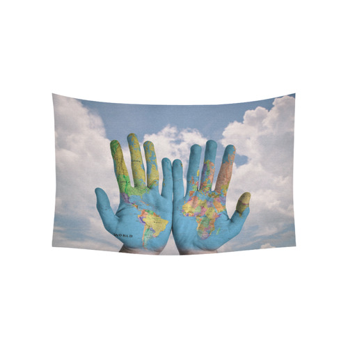 World Map on the Hand Cotton Linen Wall Tapestry 60"x 40"