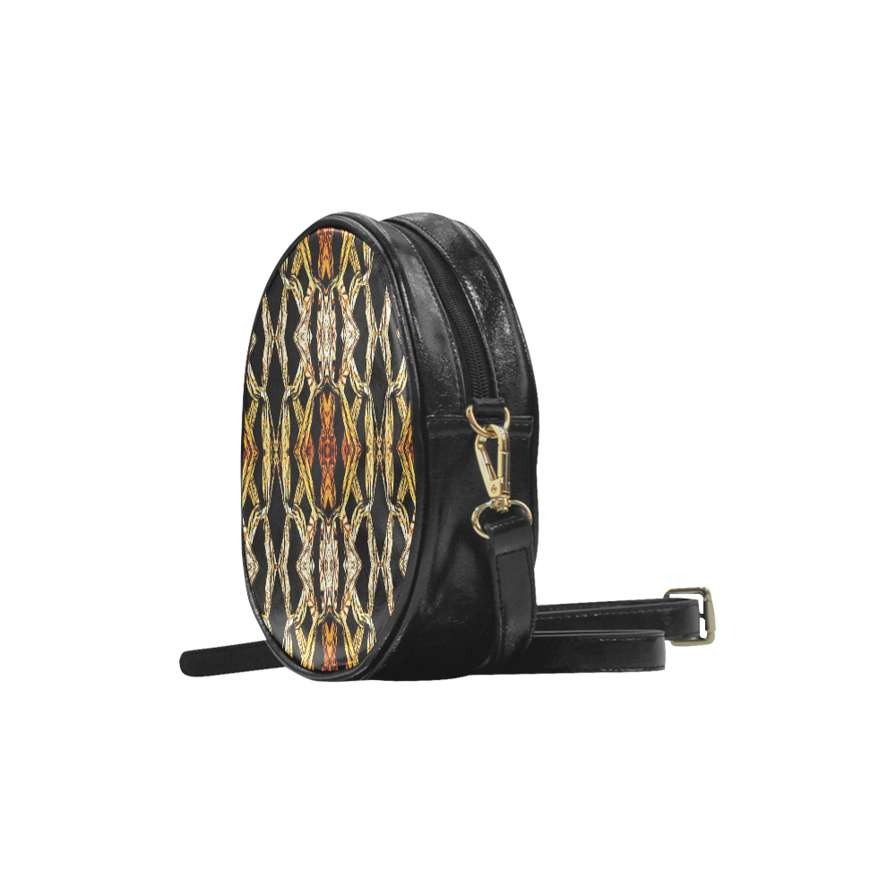 Elegant Oriental Pattern Black Gold Round Sling Bag (Model 1647)