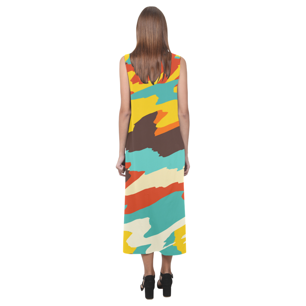Wavy retro  texture Phaedra Sleeveless Open Fork Long Dress (Model D08)