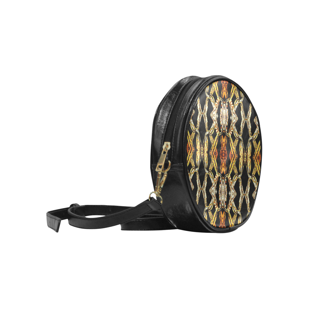 Elegant Oriental Pattern Black Gold Round Sling Bag (Model 1647)