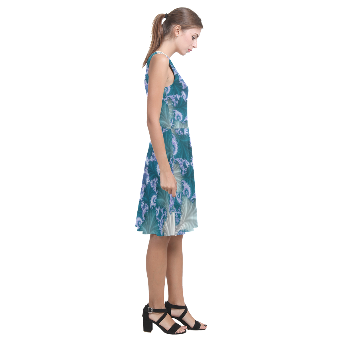 Floral spiral in soft blue on flowing fabric Atalanta Casual Sundress(Model D04)