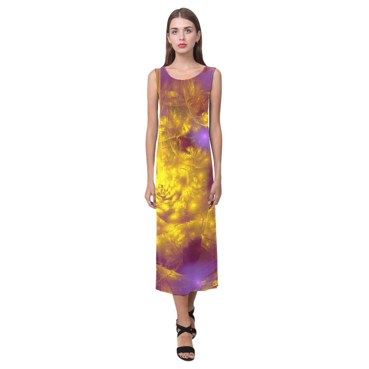 Bright purple and yellow Phaedra Sleeveless Open Fork Long Dress (Model D08)