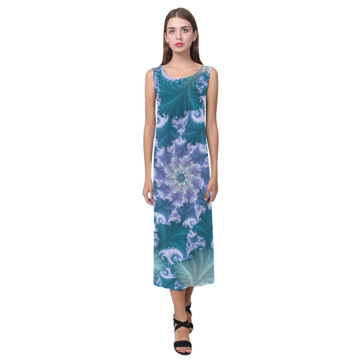 Floral spiral in soft blue on flowing fabric Phaedra Sleeveless Open Fork Long Dress (Model D08)