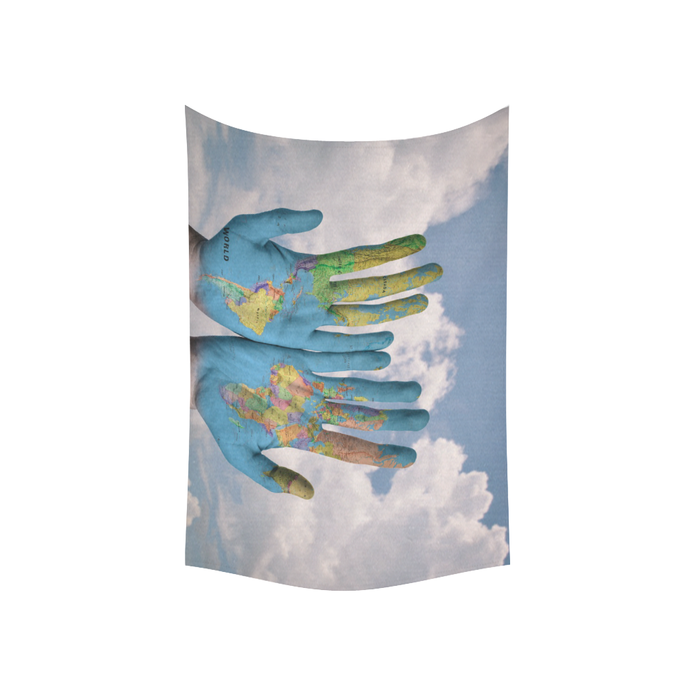World Map on the Hand Cotton Linen Wall Tapestry 60"x 40"
