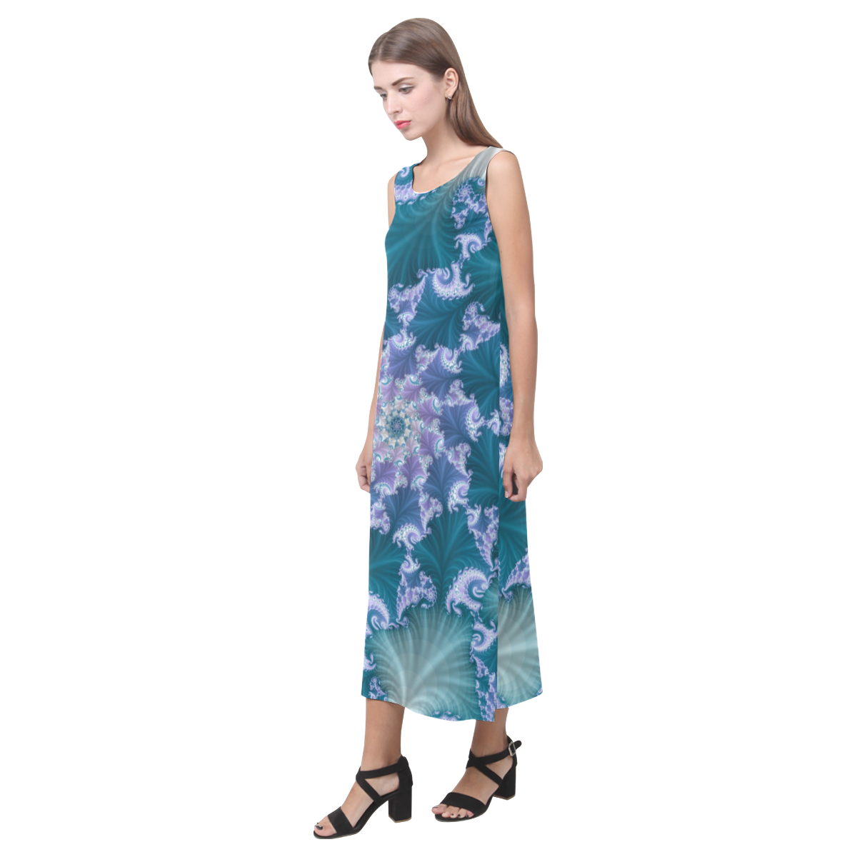 Floral spiral in soft blue on flowing fabric Phaedra Sleeveless Open Fork Long Dress (Model D08)