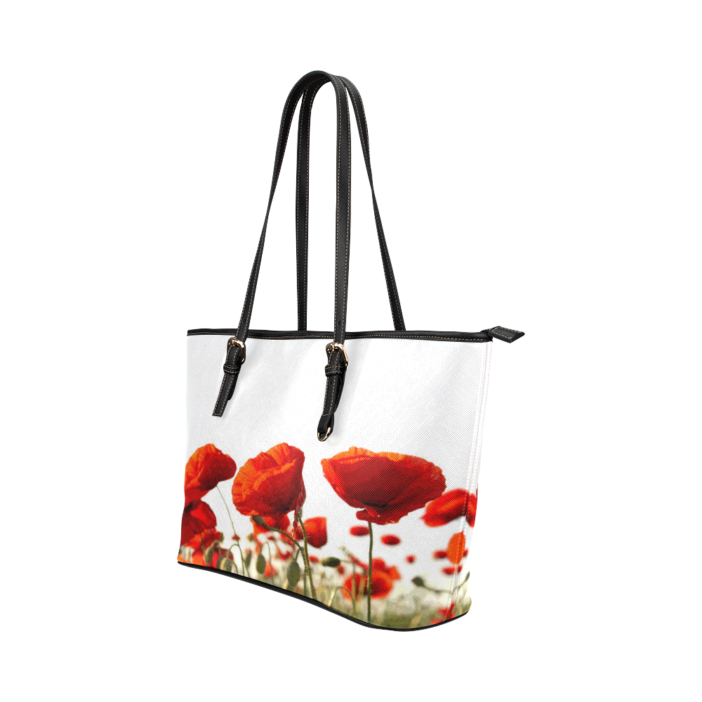 Red Poppies Leather Tote Bag/Small (Model 1651)