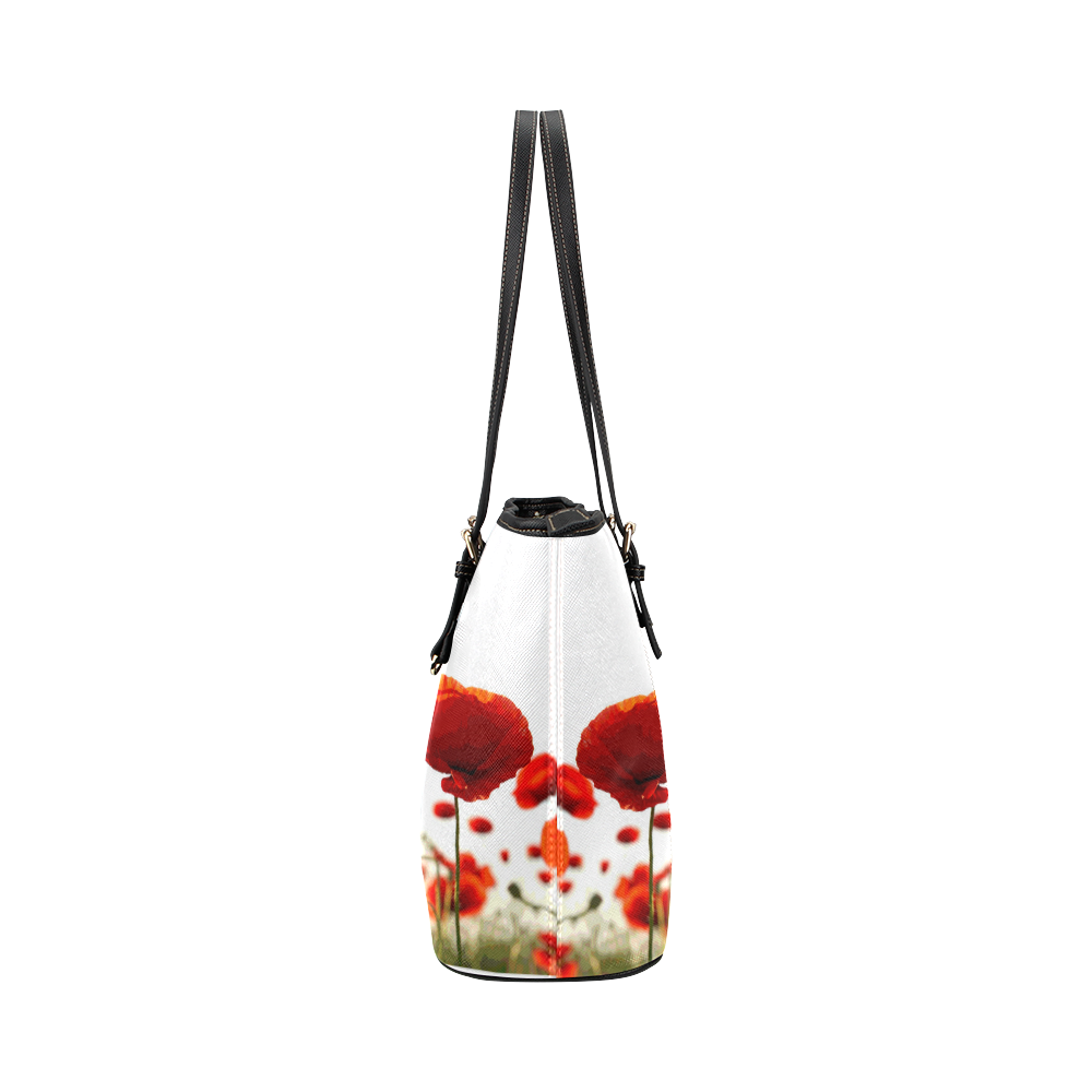 Red Poppies Leather Tote Bag/Large (Model 1651)