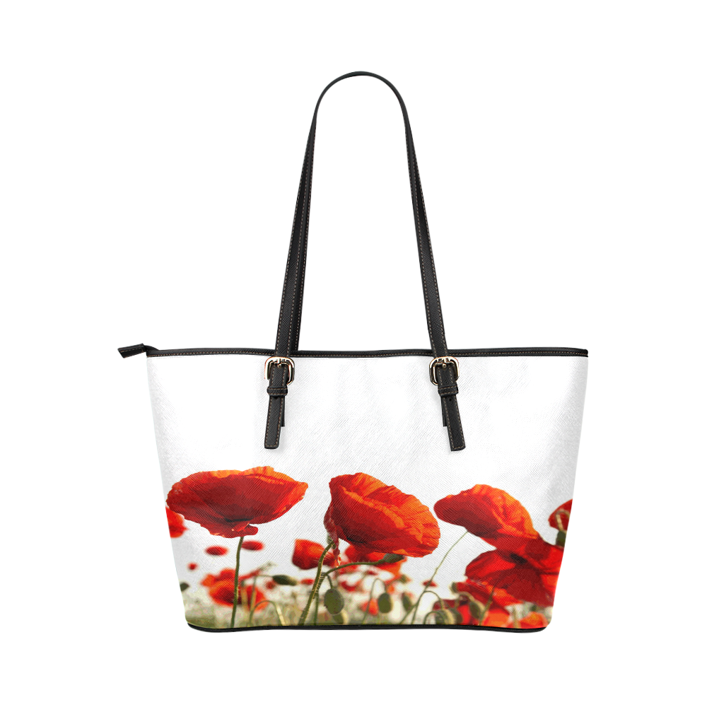 Red Poppies Leather Tote Bag/Small (Model 1651)