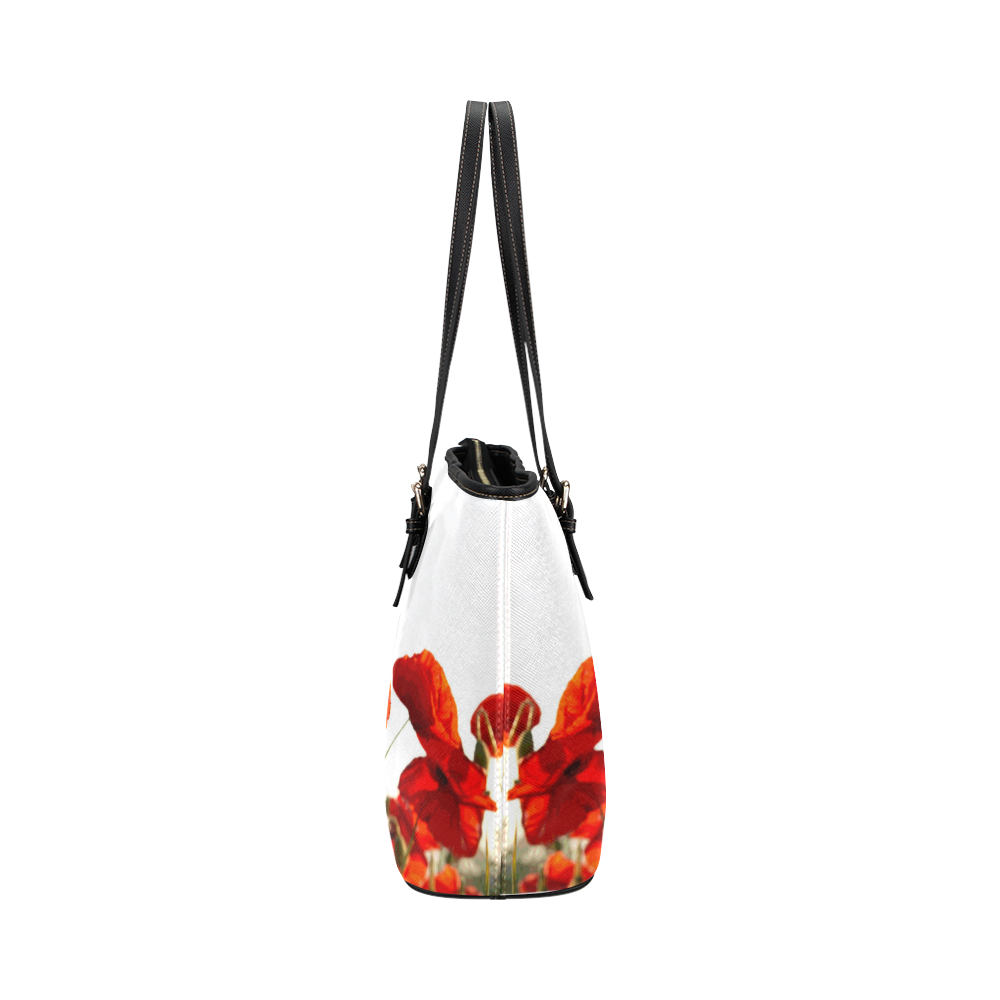 Red Poppies Leather Tote Bag/Large (Model 1651)