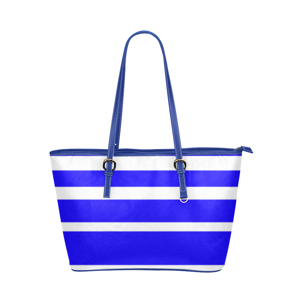 Blue and White Stripes Leather Tote Bag/Small (Model 1651)