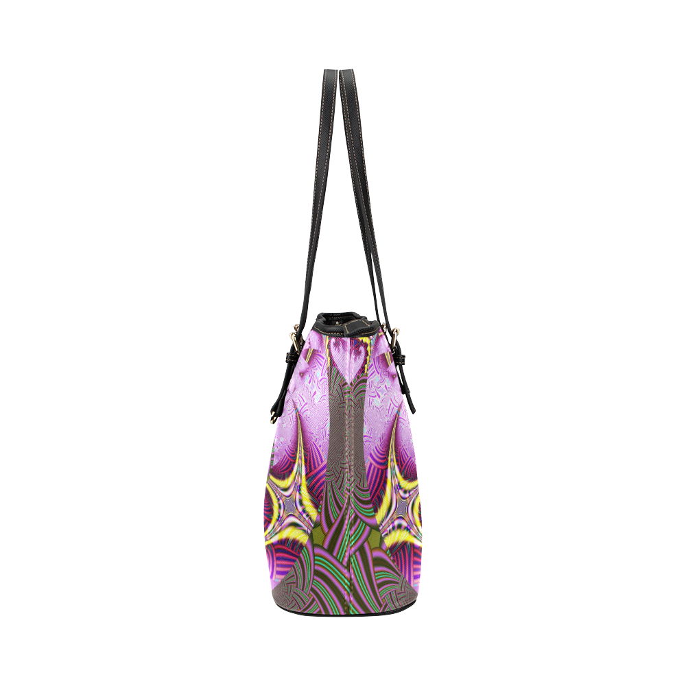 Pink Yellow Abstract Fractal Adventure Leather Tote Bag/Large (Model 1651)