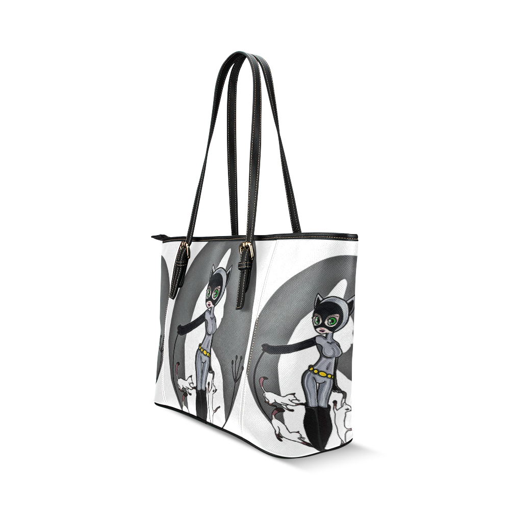 Catwoman/Plundering Kitten Leather Tote Bag/Small (Model 1640)