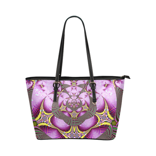 Pink Yellow Abstract Fractal Adventure Leather Tote Bag/Large (Model 1651)